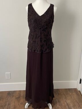 Vintage Brown Beaded Silk Blend Midi Dress Formal Sleeveless Event Prom Size 12